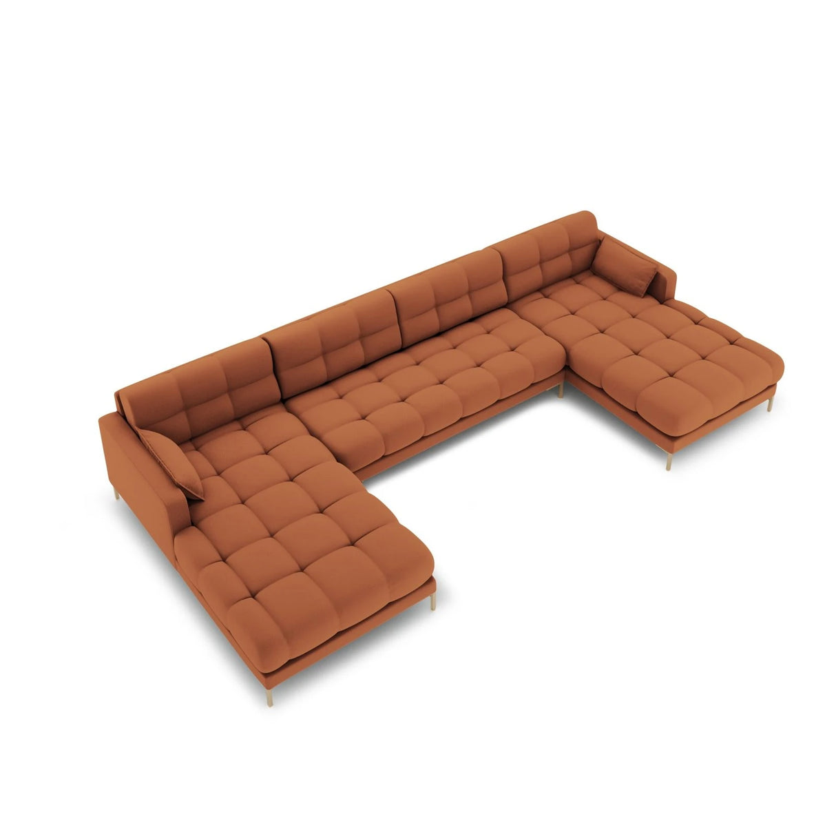 Mamaia 6-Sitzer Panorama-Sofa symmetrisch, Beine Goldmetall, mit Bezug aus Strukturierter Stoff (Nev52) in Ziegel, 383x185 cm – Bild 3
