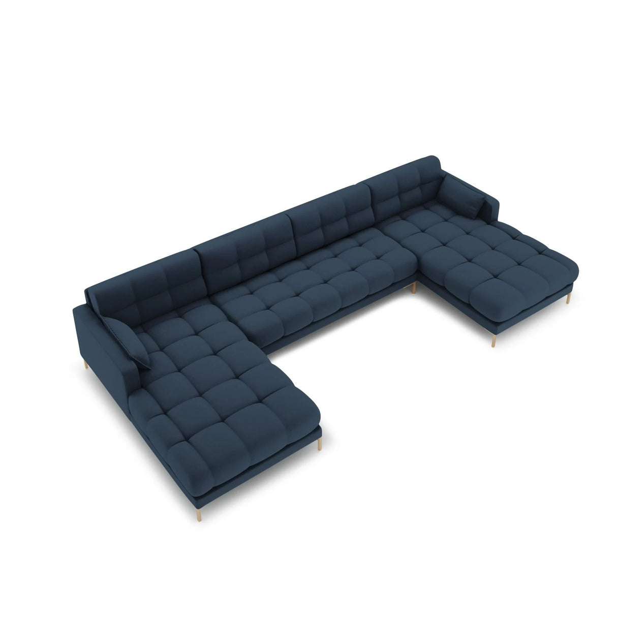 Mamaia 6-Sitzer Panorama-Sofa symmetrisch, Beine Goldmetall, mit Bezug aus Strukturierter Stoff (Nev77) in Blau, 383x185 cm – Bild 3