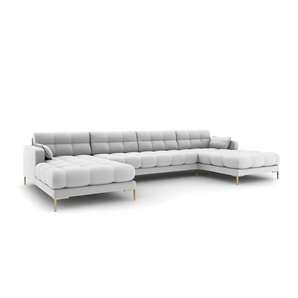Mamaia 6-Sitzer Panorama-Sofa symmetrisch, Beine Goldmetall, mit Bezug aus Strukturierter Stoff (Nev80) in Hellgrau, 383x185 cm – Bild 1