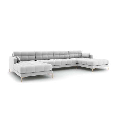 Mamaia 6-Sitzer Panorama-Sofa symmetrisch, Beine Goldmetall, mit Bezug aus Strukturierter Stoff (Nev80) in Hellgrau, 383x185 cm – Bild 1