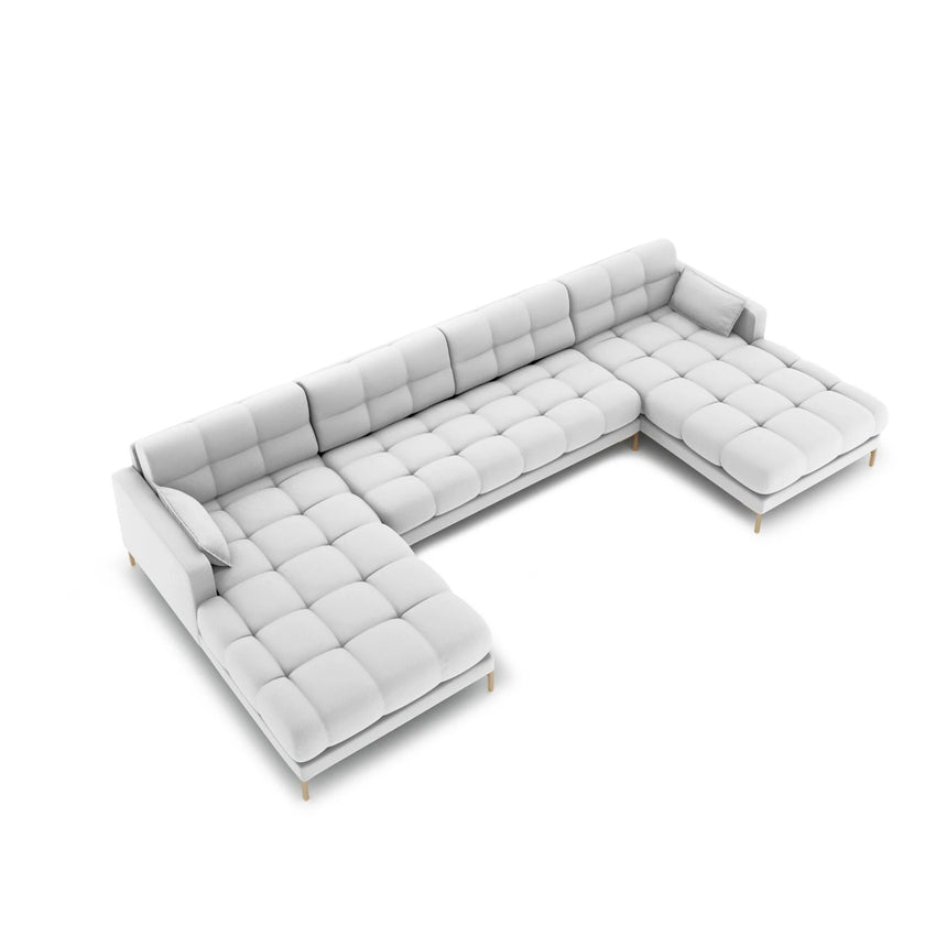 Mamaia 6-Sitzer Panorama-Sofa symmetrisch, Beine Goldmetall, mit Bezug aus Strukturierter Stoff (Nev80) in Hellgrau, 383x185 cm – Bild 3