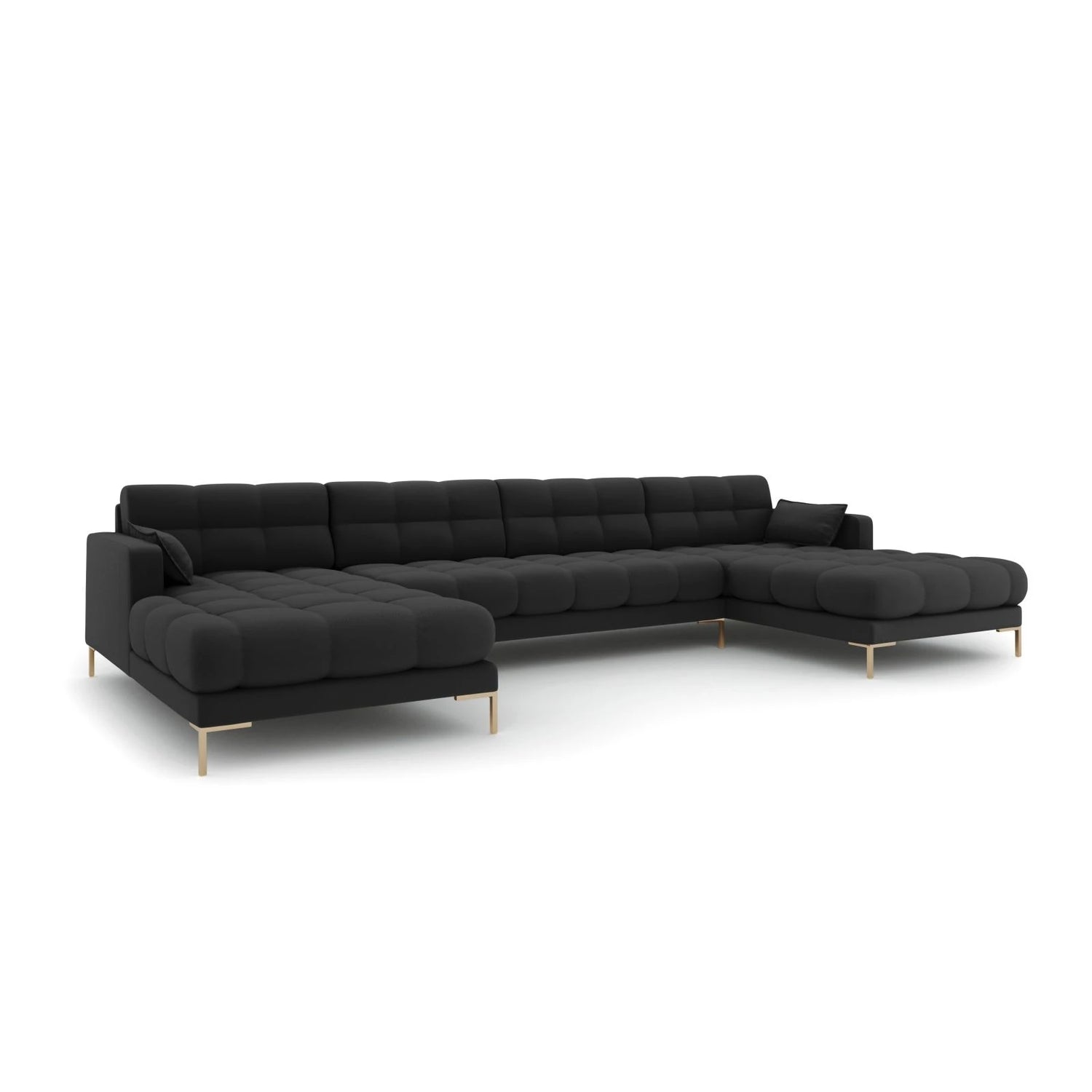 Mamaia 6-Sitzer Panorama-Sofa symmetrisch, Beine Goldmetall, mit Bezug aus Strukturierter Stoff (Nev97) in Dunkelgrau, 383x185 cm – Bild 1