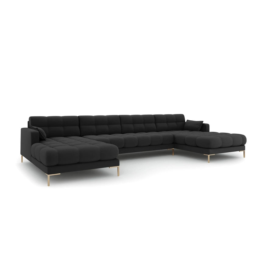 Mamaia 6-Sitzer Panorama-Sofa symmetrisch, Beine Goldmetall, mit Bezug aus Strukturierter Stoff (Nev97) in Dunkelgrau, 383x185 cm – Bild 1