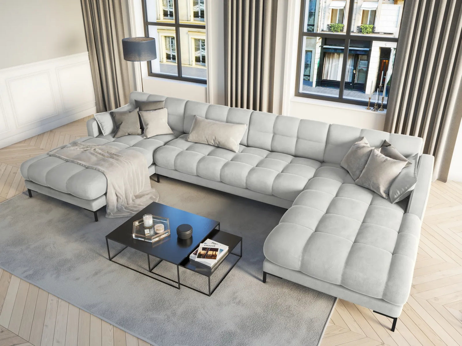 Mamaia 6-Sitzer Panorama-Sofa symmetrisch, Metallbeine Schwarz, mit Bezug aus Samt (Blu03) in Silber, 383x185 cm – Bild 2