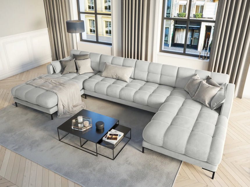 Mamaia 6-Sitzer Panorama-Sofa symmetrisch, Metallbeine Schwarz, mit Bezug aus Samt (Blu03) in Silber, 383x185 cm – Bild 2
