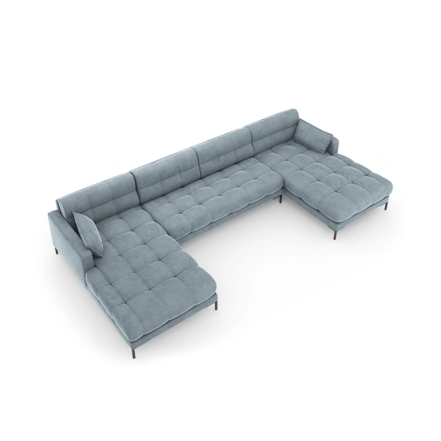 Mamaia 6-Sitzer Panorama-Sofa symmetrisch, Metallbeine Schwarz, mit Bezug aus Samt (Blu06) in Hellblau, 383x185 cm – Bild 5