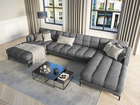 Mamaia 6-Sitzer Panorama-Sofa symmetrisch, Metallbeine Schwarz, mit Bezug aus Samt (Blu13) in Hellgrau, 383x185 cm – Bild 2