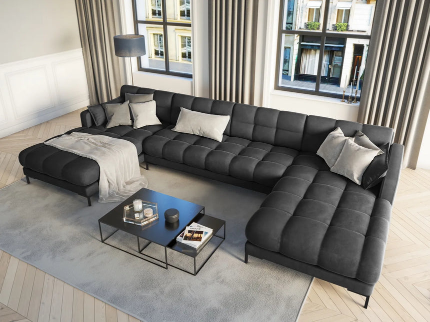 Mamaia 6-Sitzer Panorama-Sofa symmetrisch, Metallbeine Schwarz, mit Bezug aus Samt (Blu18) in Dunkelgrau, 383x185 cm – Bild 2