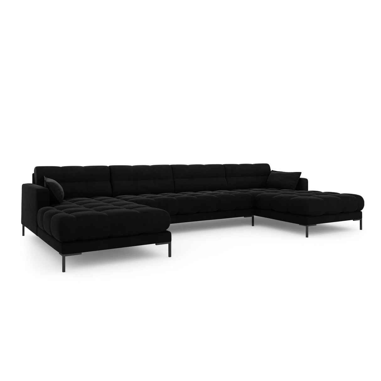 Mamaia 6-Sitzer Panorama-Sofa symmetrisch, Metallbeine Schwarz, mit Bezug aus Samt (Blu19) in Schwarz, 383x185 cm – Bild 1