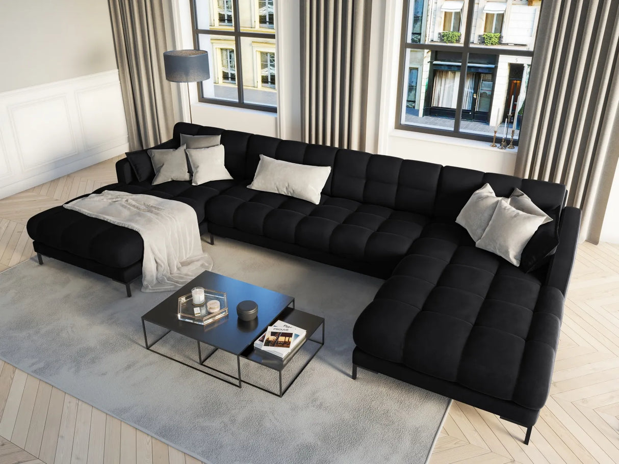 Mamaia 6-Sitzer Panorama-Sofa symmetrisch, Metallbeine Schwarz, mit Bezug aus Samt (Blu19) in Schwarz, 383x185 cm – Bild 2