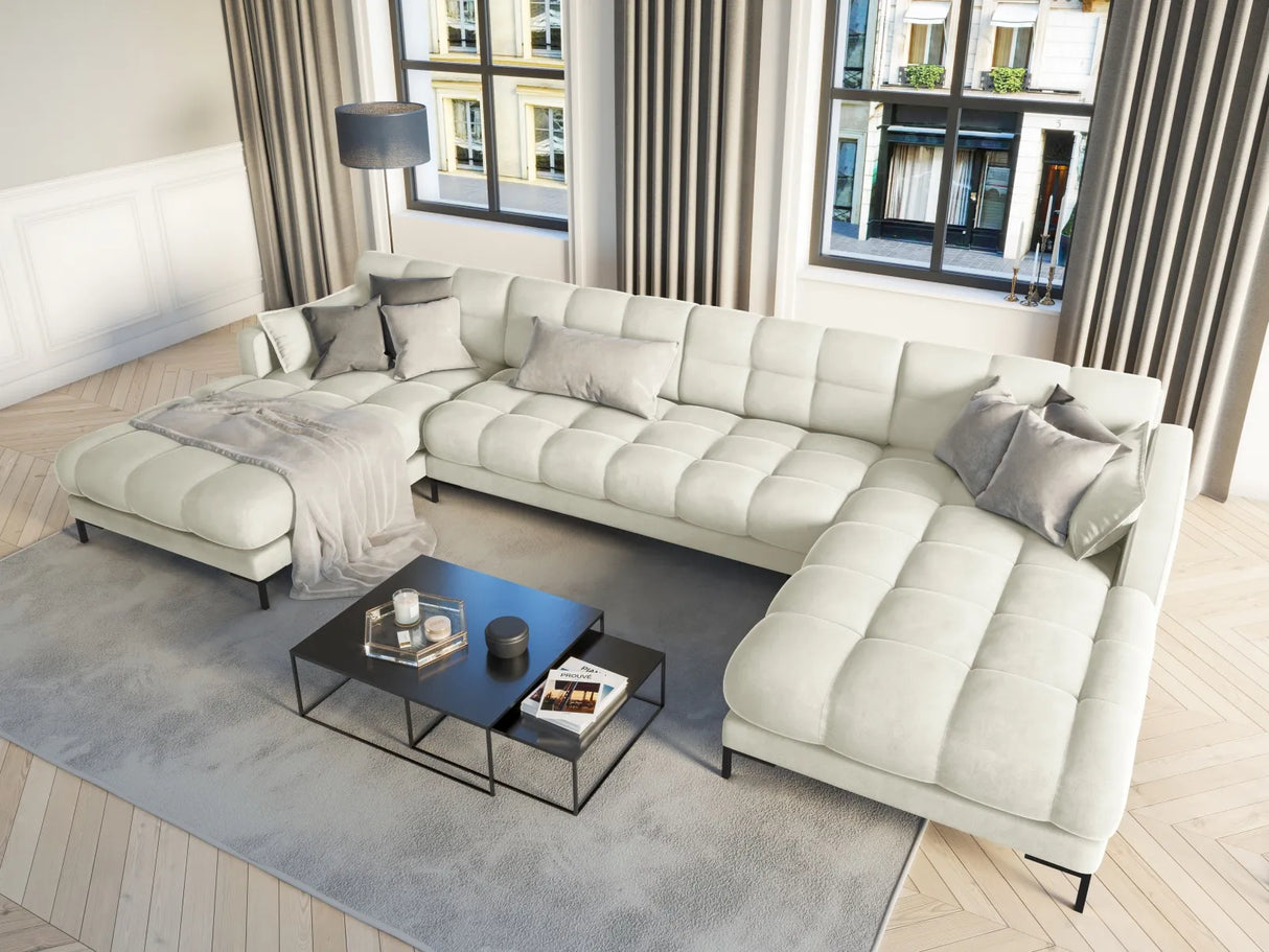 Mamaia 6-Sitzer Panorama-Sofa symmetrisch, Metallbeine Schwarz, mit Bezug aus Samt (Blu22) in Leichtes Beige, 383x185 cm – Bild 2