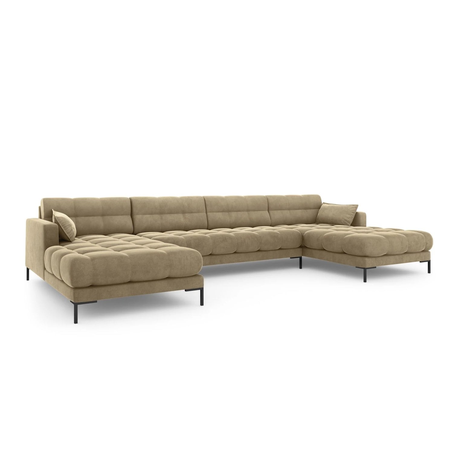 Mamaia 6-Sitzer Panorama-Sofa symmetrisch, Metallbeine Schwarz, mit Bezug aus Samt (Blu28) in Beige, 383x185 cm – Bild 1