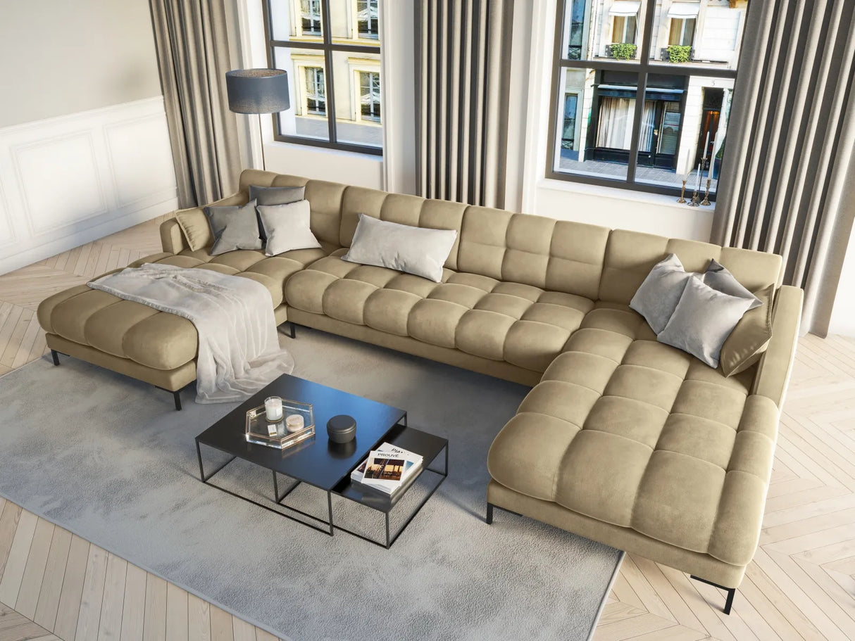 Mamaia 6-Sitzer Panorama-Sofa symmetrisch, Metallbeine Schwarz, mit Bezug aus Samt (Blu28) in Beige, 383x185 cm – Bild 2