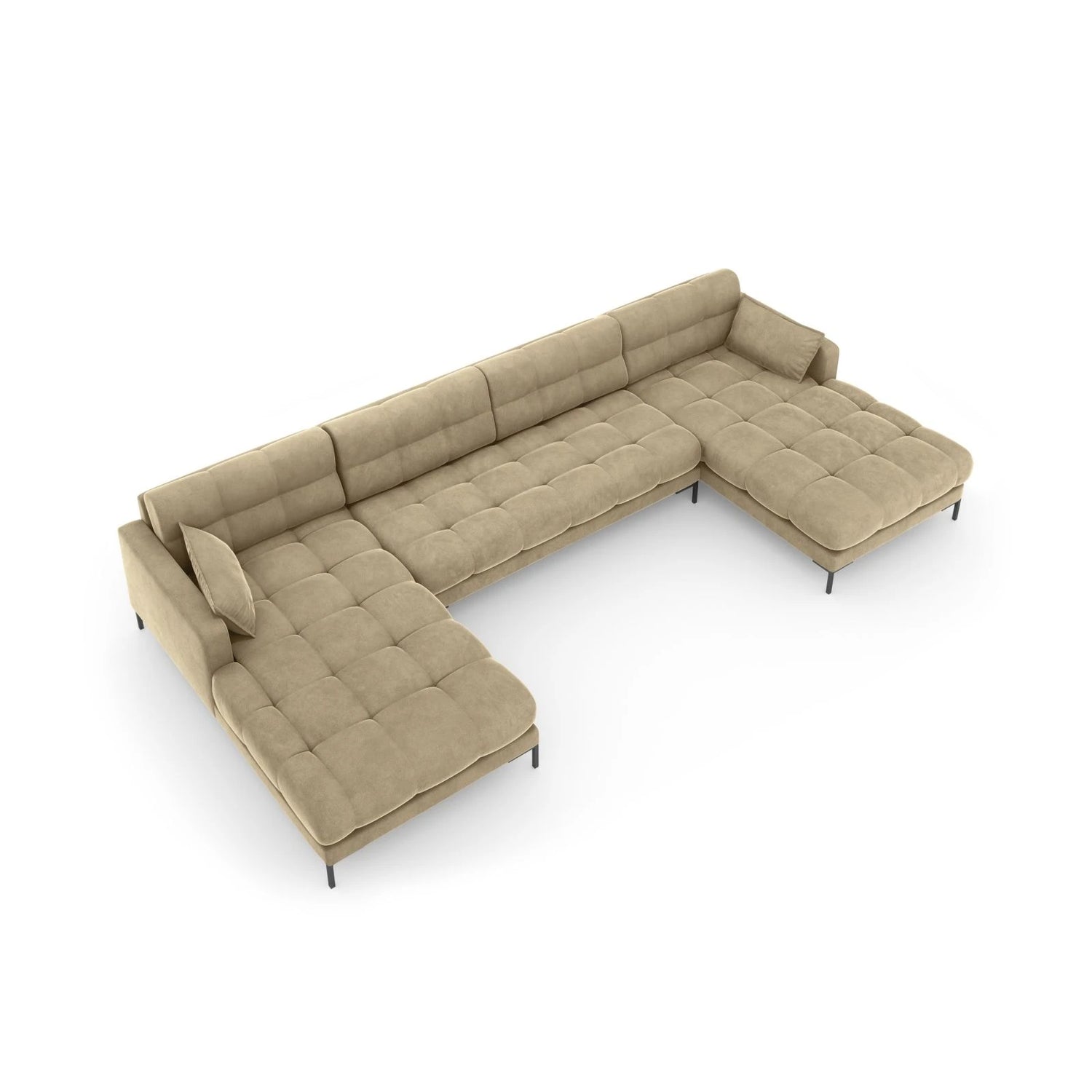 Mamaia 6-Sitzer Panorama-Sofa symmetrisch, Metallbeine Schwarz, mit Bezug aus Samt (Blu28) in Beige, 383x185 cm – Bild 5