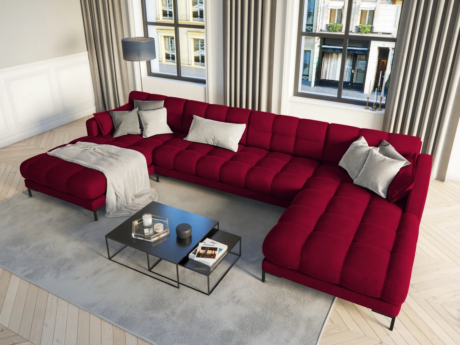 Mamaia 6-Sitzer Panorama-Sofa symmetrisch, Metallbeine Schwarz, mit Bezug aus Samt (Blu59) in Rot, 383x185 cm – Bild 2