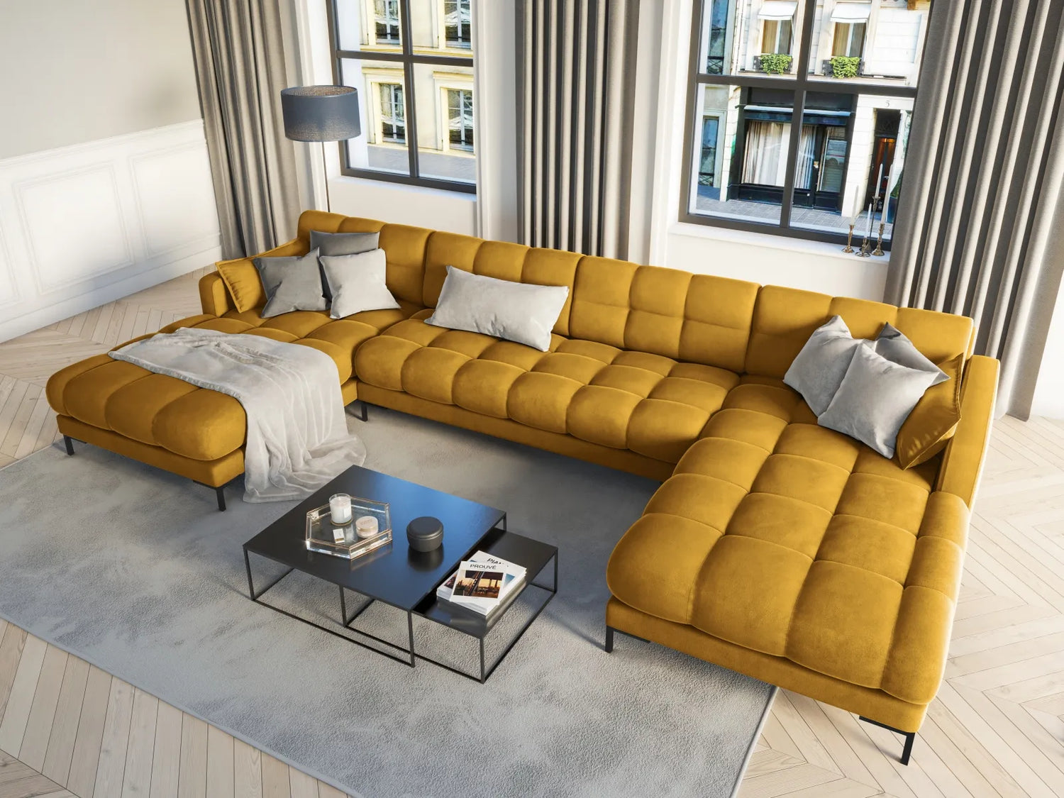 Mamaia 6-Sitzer Panorama-Sofa symmetrisch, Metallbeine Schwarz, mit Bezug aus Samt (Blu68) in Gelb, 383x185 cm – Bild 2