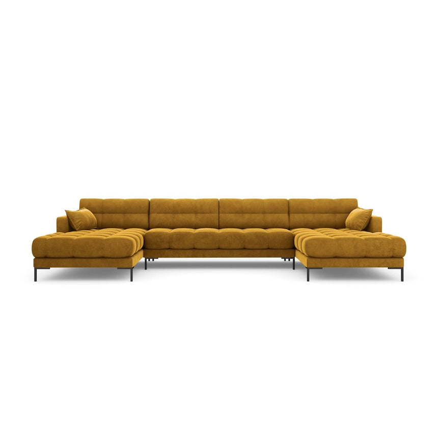 Mamaia 6-Sitzer Panorama-Sofa symmetrisch, Metallbeine Schwarz, mit Bezug aus Samt (Blu68) in Gelb, 383x185 cm – Bild 4