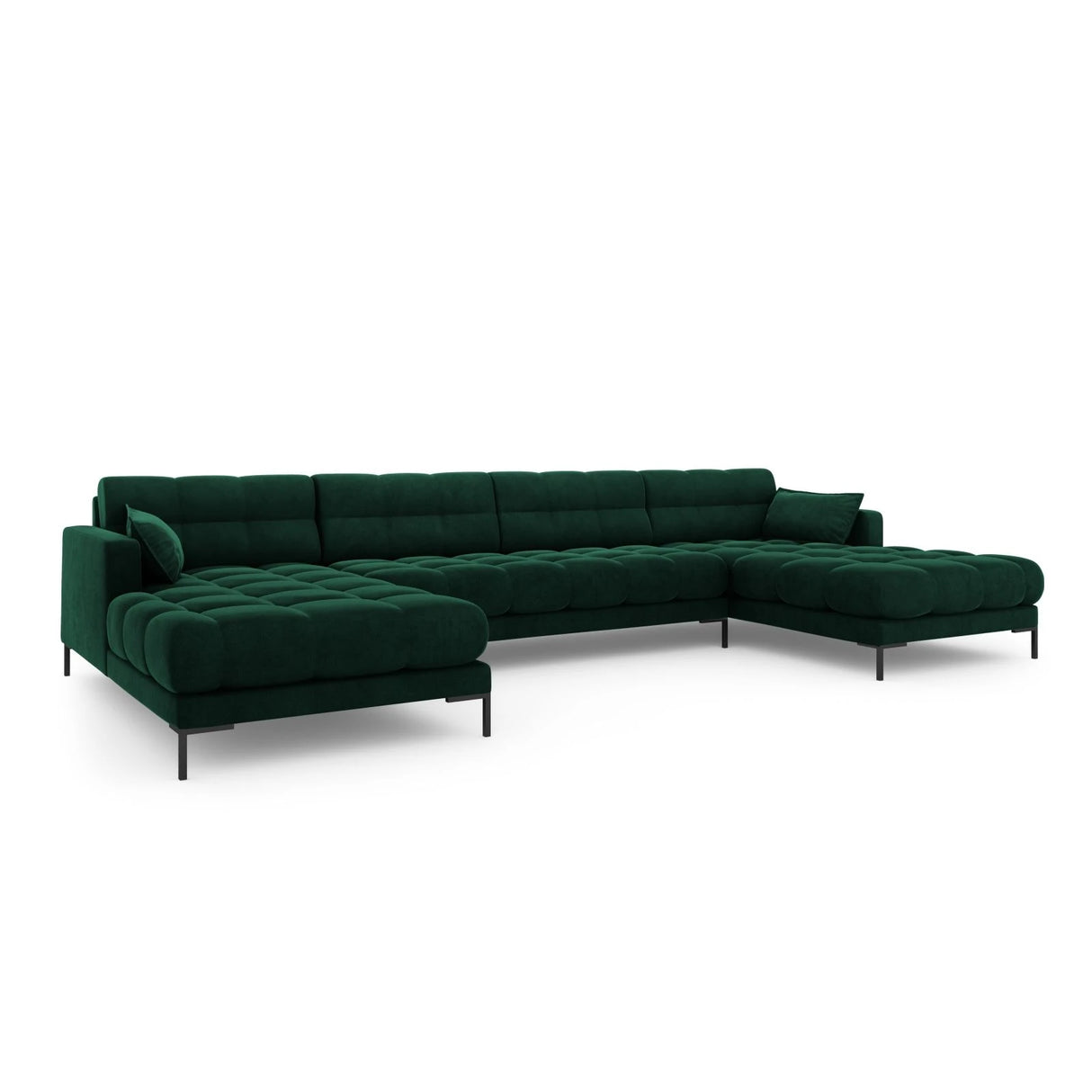Mamaia 6-Sitzer Panorama-Sofa symmetrisch, Metallbeine Schwarz, mit Bezug aus Samt (Blu78) in Flaschengrün, 383x185 cm – Bild 1