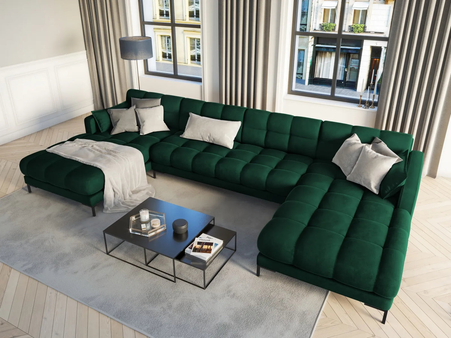 Mamaia 6-Sitzer Panorama-Sofa symmetrisch, Metallbeine Schwarz, mit Bezug aus Samt (Blu78) in Flaschengrün, 383x185 cm – Bild 2
