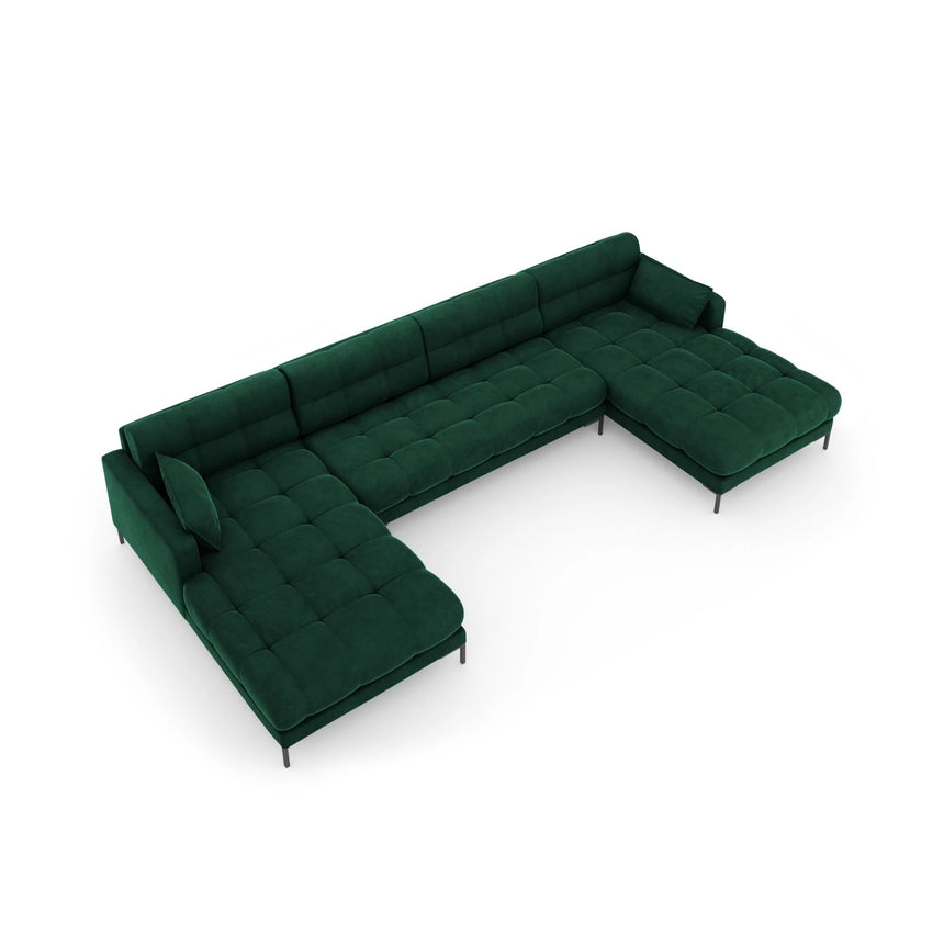 Mamaia 6-Sitzer Panorama-Sofa symmetrisch, Metallbeine Schwarz, mit Bezug aus Samt (Blu78) in Flaschengrün, 383x185 cm – Bild 5