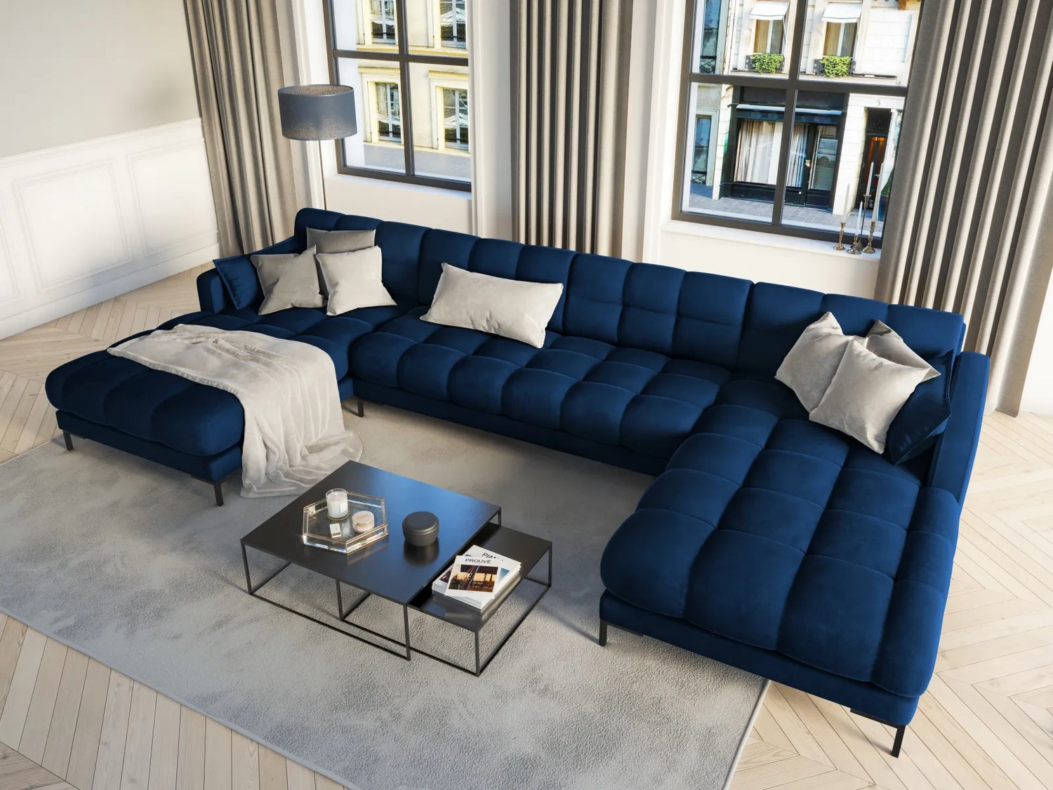 Mamaia 6-Sitzer Panorama-Sofa symmetrisch, Metallbeine Schwarz, mit Bezug aus Samt (Blu86) in Königsblau, 383x185 cm – Bild 2