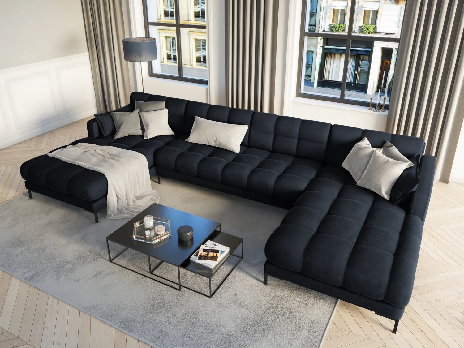 Mamaia 6-Sitzer Panorama-Sofa symmetrisch, Metallbeine Schwarz, mit Bezug aus Samt (Blu89) in Dunkelblau, 383x185 cm – Bild 2
