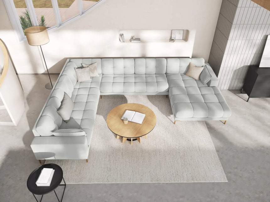 Mamaia 7-Sitzer Panorama-Ecksofa, Linke Seite, Beine Goldmetall, mit Bezug aus Samt (Blu03) in Silber, 327x256 cm – Bild 2