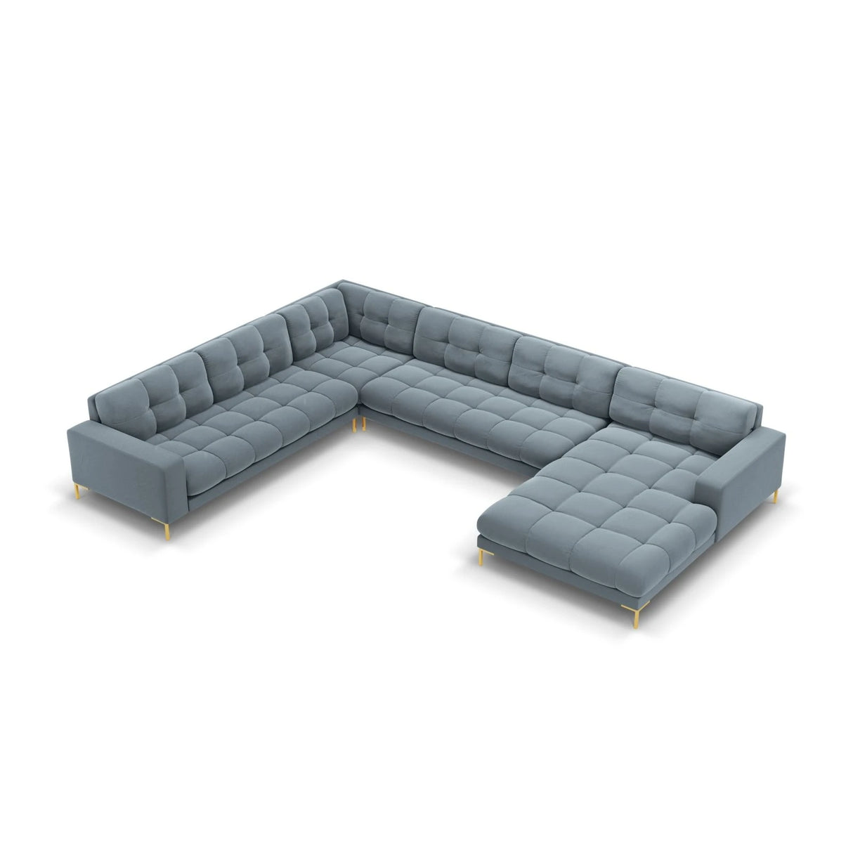 Mamaia 7-Sitzer Panorama-Ecksofa, Linke Seite, Beine Goldmetall, mit Bezug aus Samt (Blu06) in Hellblau, 327x256 cm – Bild 1