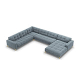 Mamaia 7-Sitzer Panorama-Ecksofa, Linke Seite, Beine Goldmetall, mit Bezug aus Samt (Blu06) in Hellblau, 327x256 cm – Bild 1