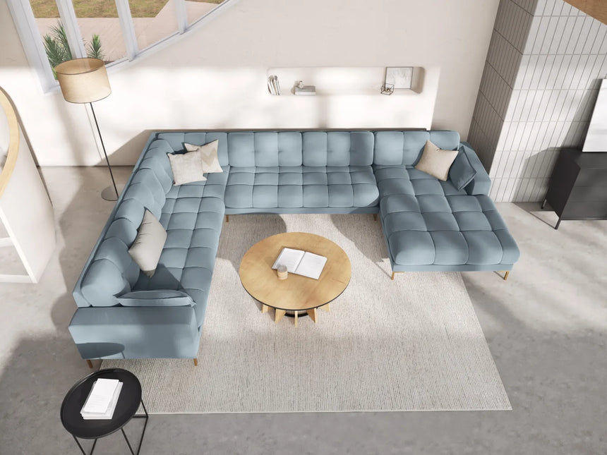 Mamaia 7-Sitzer Panorama-Ecksofa, Linke Seite, Beine Goldmetall, mit Bezug aus Samt (Blu06) in Hellblau, 327x256 cm – Bild 2