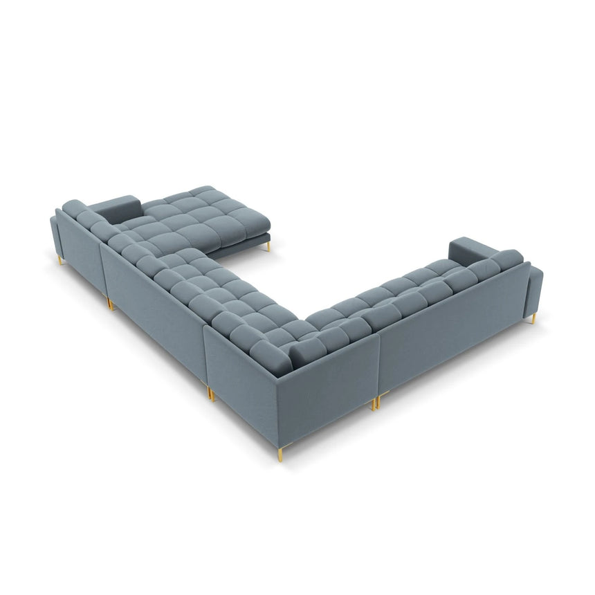 Mamaia 7-Sitzer Panorama-Ecksofa, Linke Seite, Beine Goldmetall, mit Bezug aus Samt (Blu06) in Hellblau, 327x256 cm – Bild 5