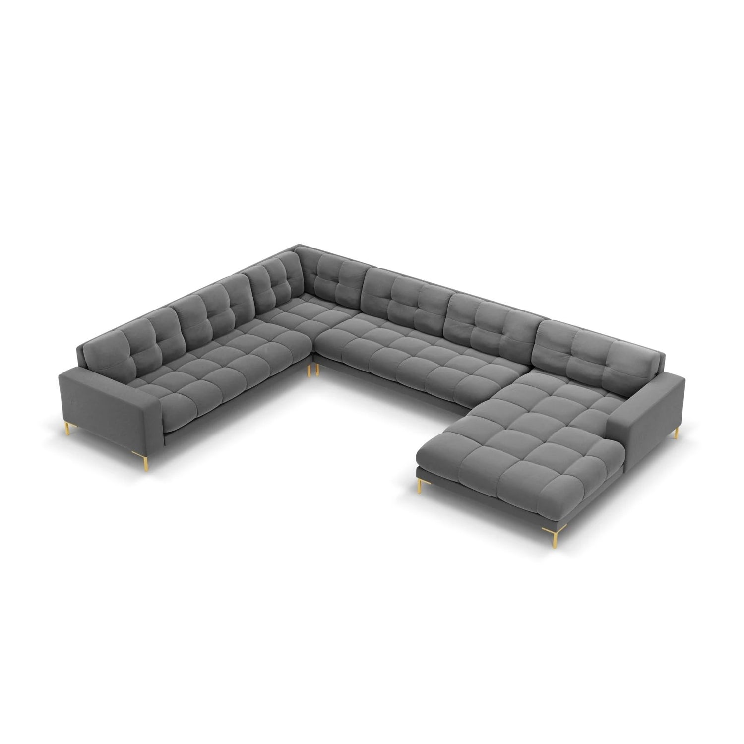 Mamaia 7-Sitzer Panorama-Ecksofa, Linke Seite, Beine Goldmetall, mit Bezug aus Samt (Blu13) in Hellgrau, 327x256 cm – Bild 1