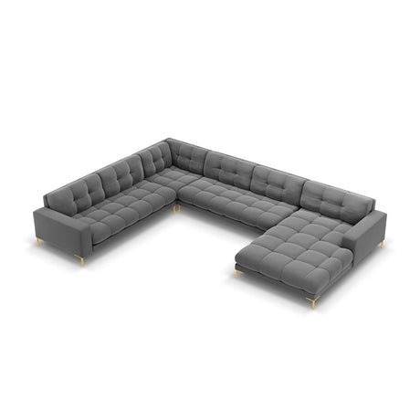 Mamaia 7-Sitzer Panorama-Ecksofa, Linke Seite, Beine Goldmetall, mit Bezug aus Samt (Blu13) in Hellgrau, 327x256 cm – Bild 1