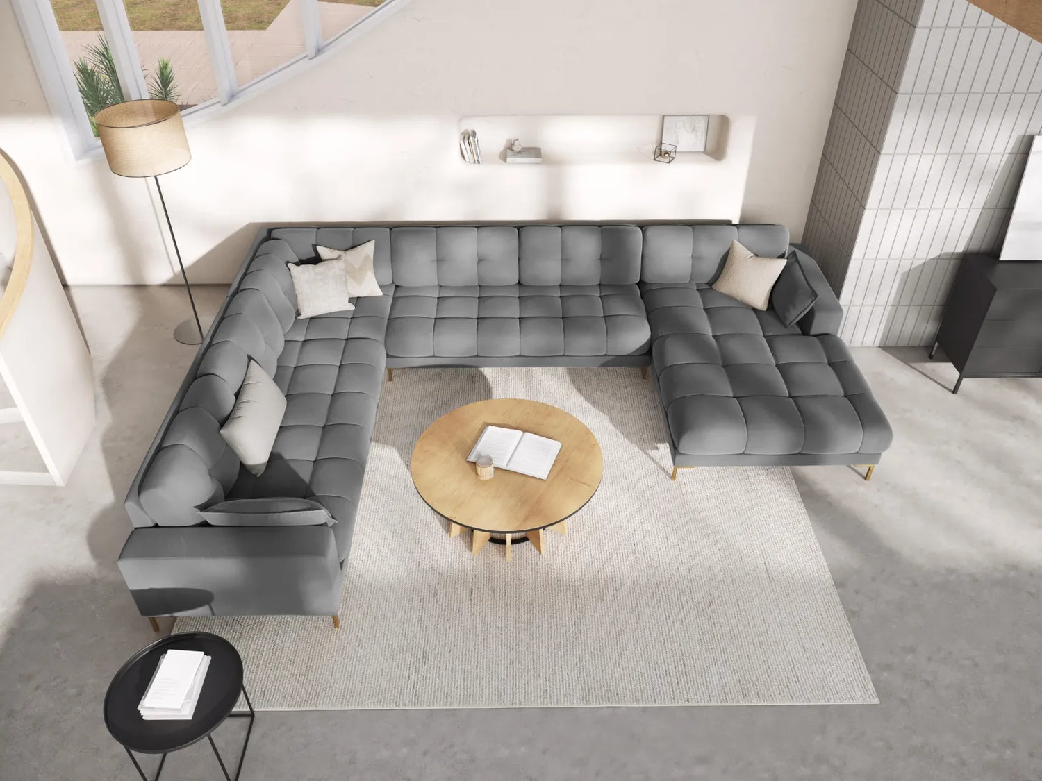 Mamaia 7-Sitzer Panorama-Ecksofa, Linke Seite, Beine Goldmetall, mit Bezug aus Samt (Blu13) in Hellgrau, 327x256 cm – Bild 2