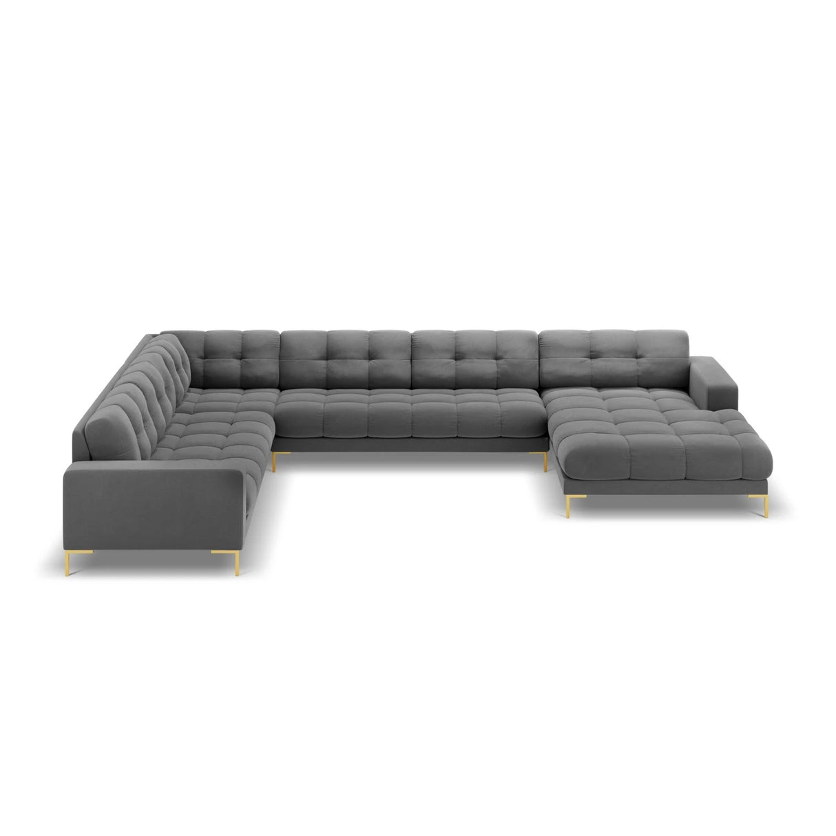 Mamaia 7-Sitzer Panorama-Ecksofa, Linke Seite, Beine Goldmetall, mit Bezug aus Samt (Blu13) in Hellgrau, 327x256 cm – Bild 4