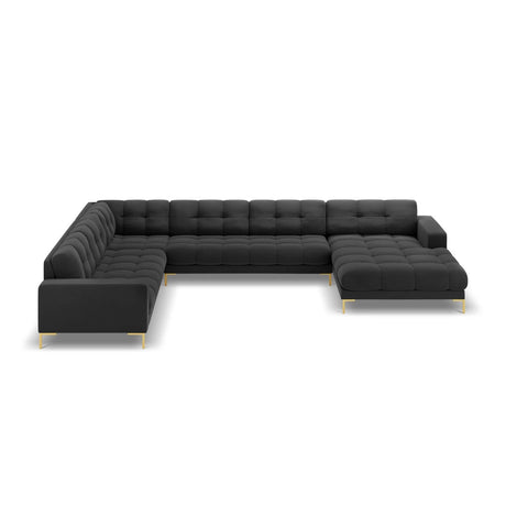 Mamaia 7-Sitzer Panorama-Ecksofa, Linke Seite, Beine Goldmetall, mit Bezug aus Samt (Blu18) in Dunkelgrau, 327x256 cm – Bild 4