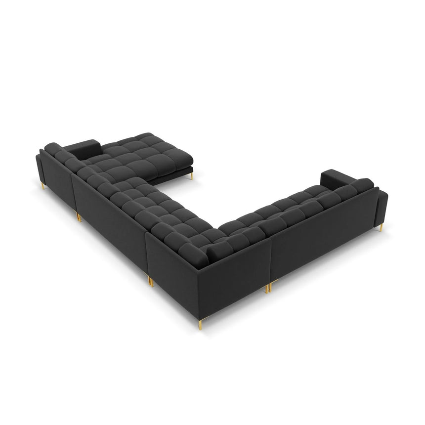 Mamaia 7-Sitzer Panorama-Ecksofa, Linke Seite, Beine Goldmetall, mit Bezug aus Samt (Blu18) in Dunkelgrau, 327x256 cm – Bild 5