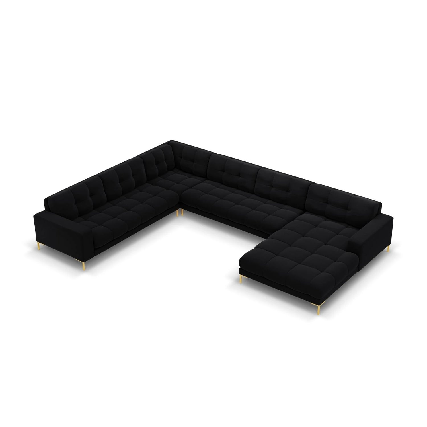 Mamaia 7-Sitzer Panorama-Ecksofa, Linke Seite, Beine Goldmetall, mit Bezug aus Samt (Blu19) in Schwarz, 327x256 cm – Bild 1