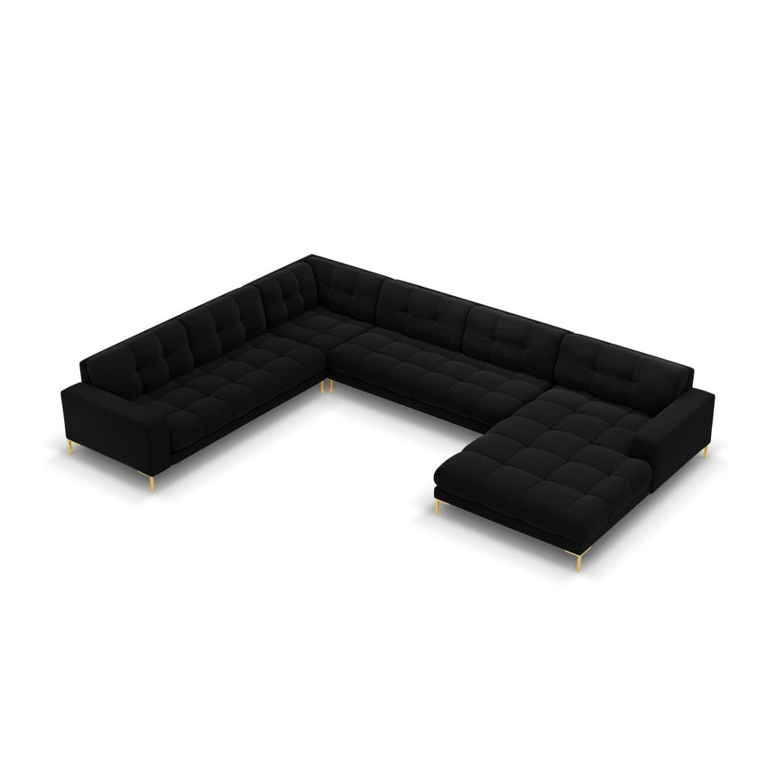 Mamaia 7-Sitzer Panorama-Ecksofa, Linke Seite, Beine Goldmetall, mit Bezug aus Samt (Blu19) in Schwarz, 327x256 cm – Bild 1