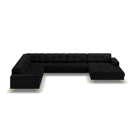 Mamaia 7-Sitzer Panorama-Ecksofa, Linke Seite, Beine Goldmetall, mit Bezug aus Samt (Blu19) in Schwarz, 327x256 cm – Bild 4