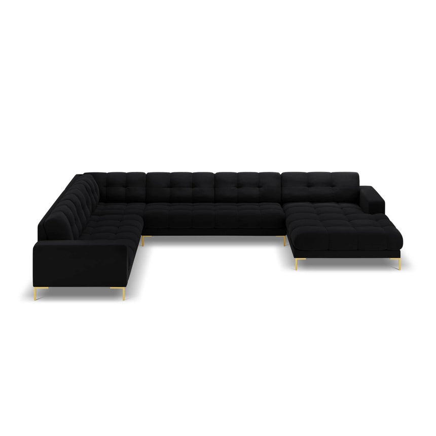 Mamaia 7-Sitzer Panorama-Ecksofa, Linke Seite, Beine Goldmetall, mit Bezug aus Samt (Blu19) in Schwarz, 327x256 cm – Bild 4