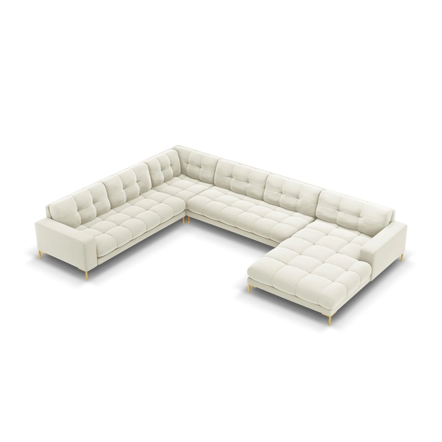Mamaia 7-Sitzer Panorama-Ecksofa, Linke Seite, Beine Goldmetall, mit Bezug aus Samt (Blu22) in Leichtes Beige, 327x256 cm – Bild 1