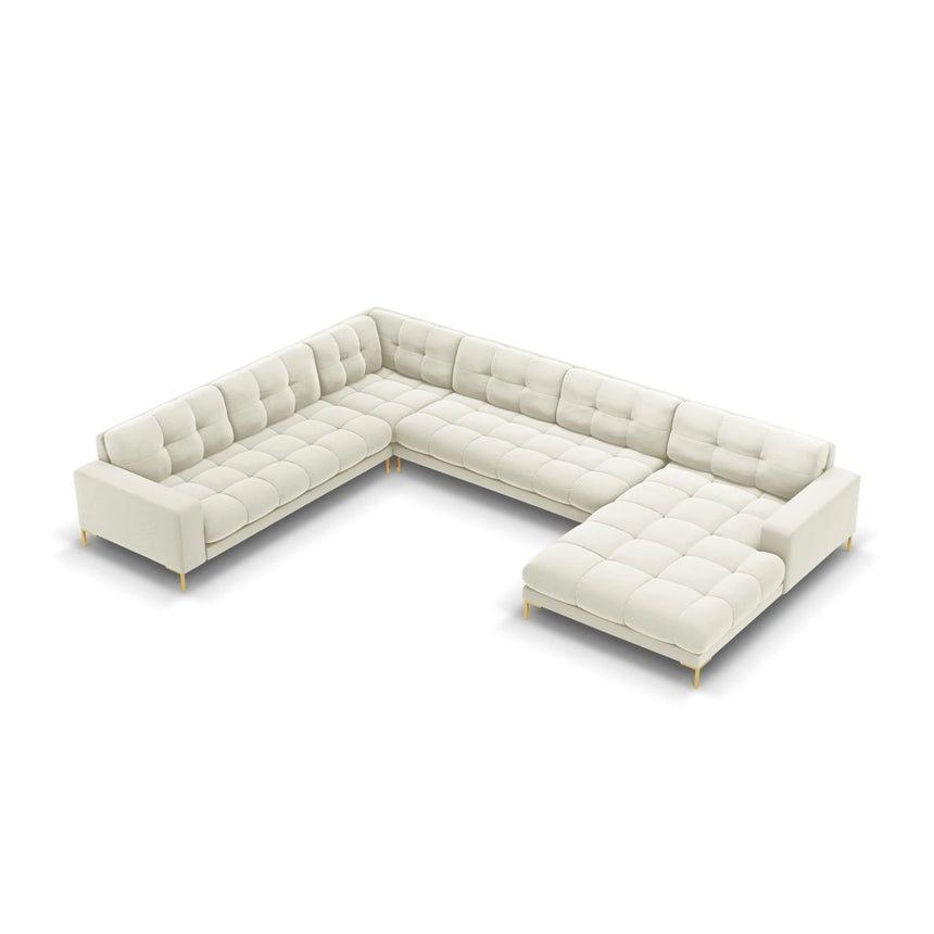 Mamaia 7-Sitzer Panorama-Ecksofa, Linke Seite, Beine Goldmetall, mit Bezug aus Samt (Blu22) in Leichtes Beige, 327x256 cm – Bild 1