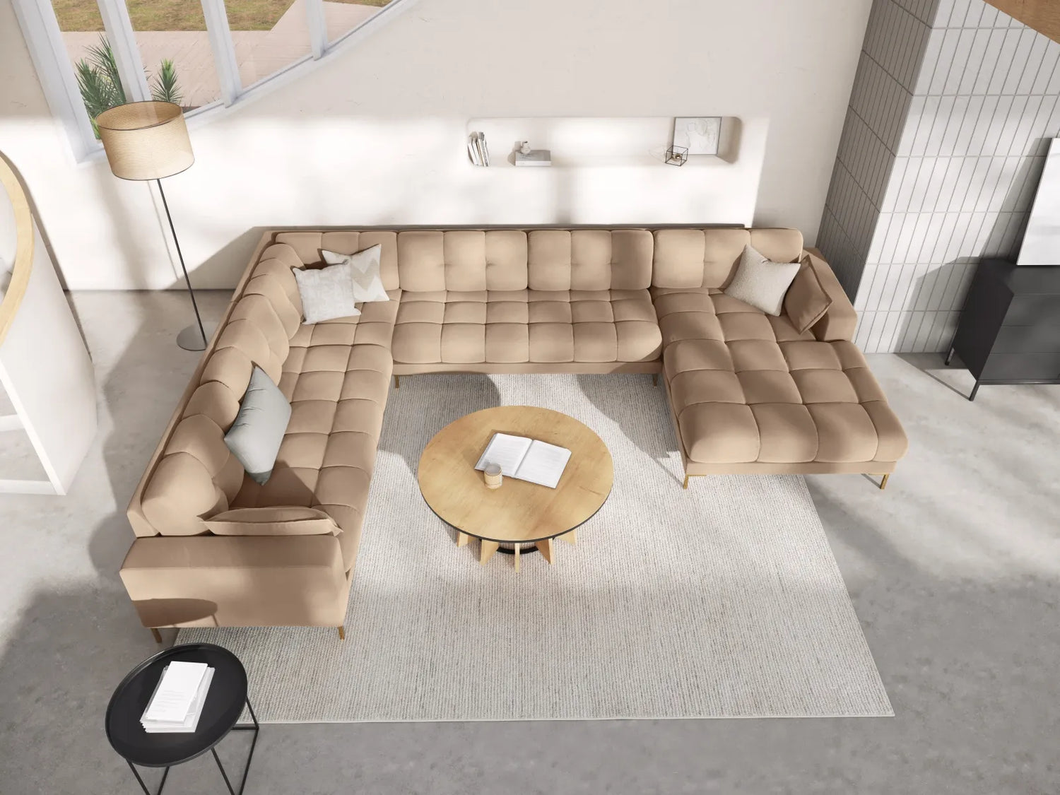 Mamaia 7-Sitzer Panorama-Ecksofa, Linke Seite, Beine Goldmetall, mit Bezug aus Samt (Blu28) in Beige, 327x256 cm – Bild 2
