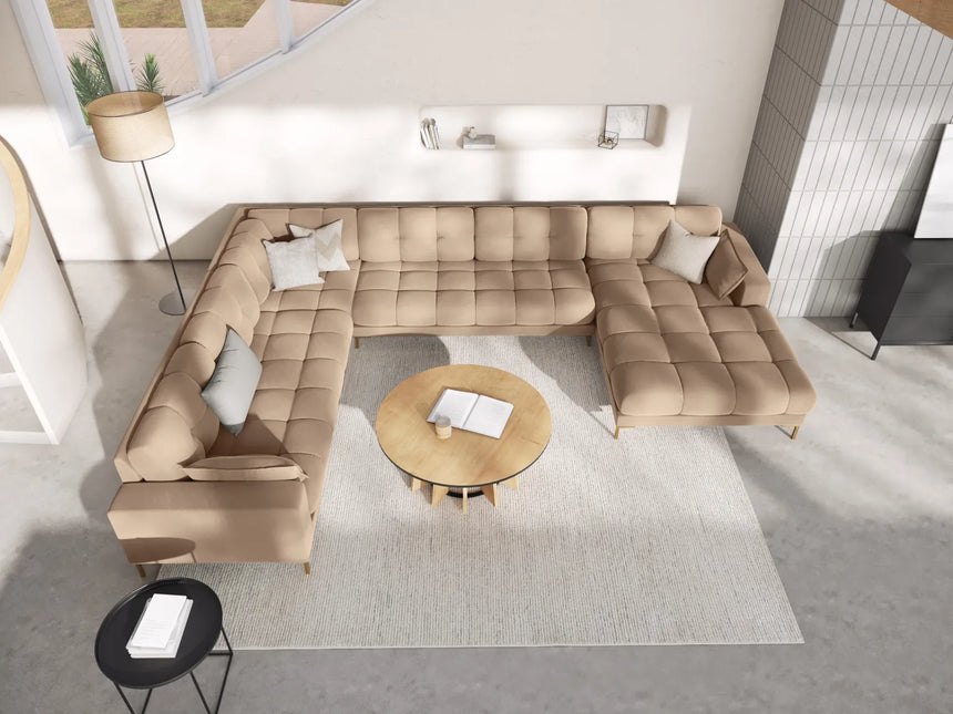 Mamaia 7-Sitzer Panorama-Ecksofa, Linke Seite, Beine Goldmetall, mit Bezug aus Samt (Blu28) in Beige, 327x256 cm – Bild 2