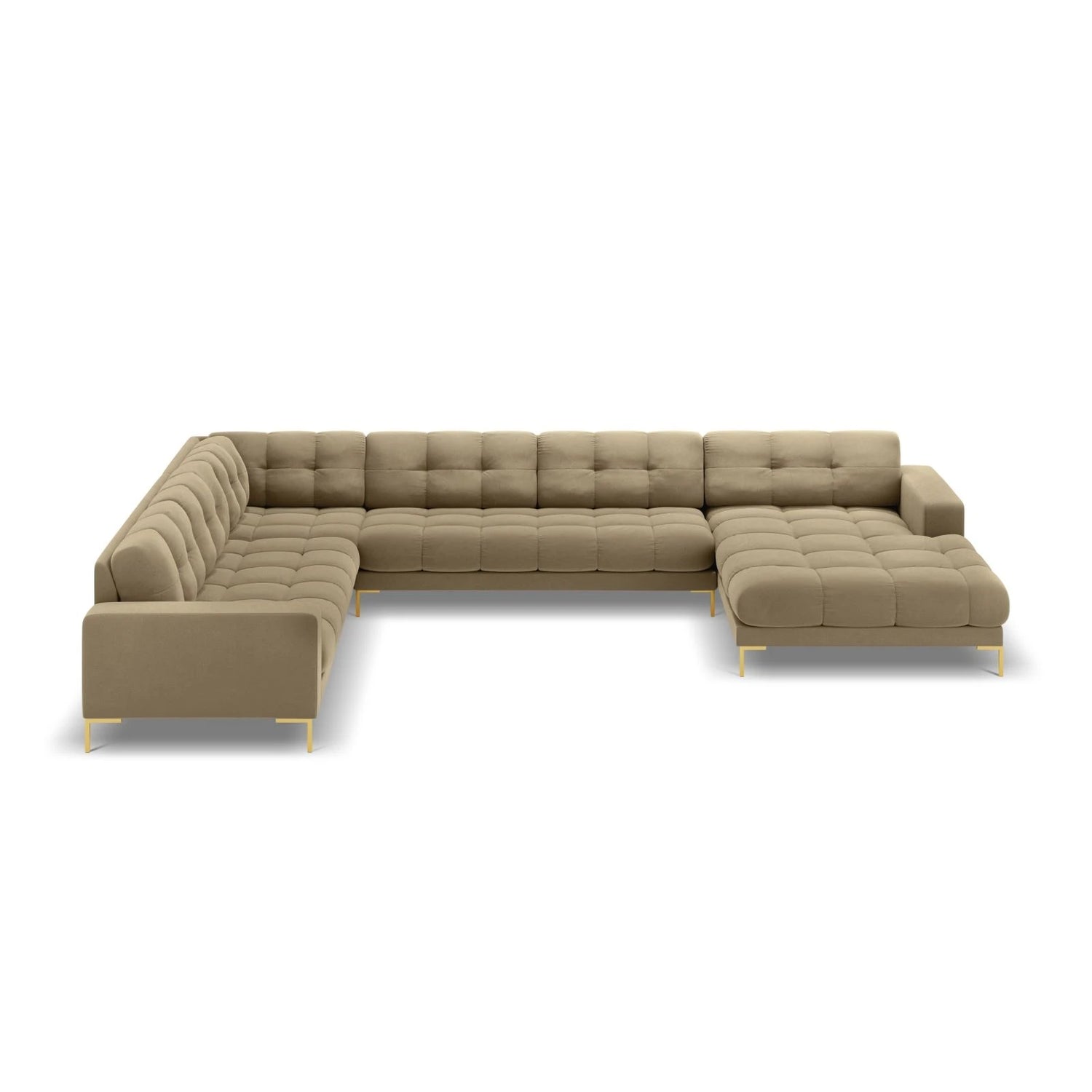 Mamaia 7-Sitzer Panorama-Ecksofa, Linke Seite, Beine Goldmetall, mit Bezug aus Samt (Blu28) in Beige, 327x256 cm – Bild 4