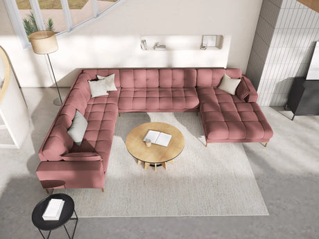 Mamaia 7-Sitzer Panorama-Ecksofa, Linke Seite, Beine Goldmetall, mit Bezug aus Samt (Blu52) in Rosa, 327x256 cm – Bild 2