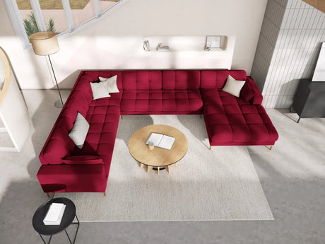 Mamaia 7-Sitzer Panorama-Ecksofa, Linke Seite, Beine Goldmetall, mit Bezug aus Samt (Blu59) in Rot, 327x256 cm – Bild 2