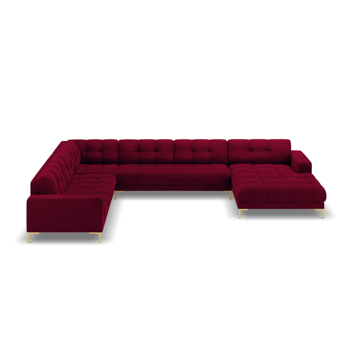 Mamaia 7-Sitzer Panorama-Ecksofa, Linke Seite, Beine Goldmetall, mit Bezug aus Samt (Blu59) in Rot, 327x256 cm – Bild 4