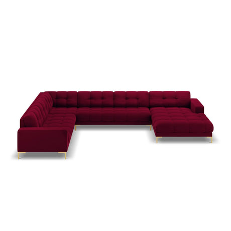Mamaia 7-Sitzer Panorama-Ecksofa, Linke Seite, Beine Goldmetall, mit Bezug aus Samt (Blu59) in Rot, 327x256 cm – Bild 4